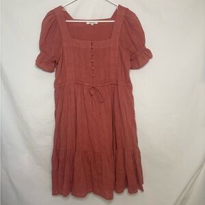 Madewell Rust Puff Sleeve Tiered Dress | Square Neck | Size S
